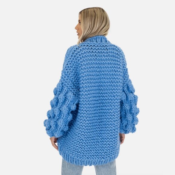 MumsHandmade Bubble Sleeve Cardigan Knit Chunky Blue Wool Popcorn Aran Mum's - Picture 5 of 10